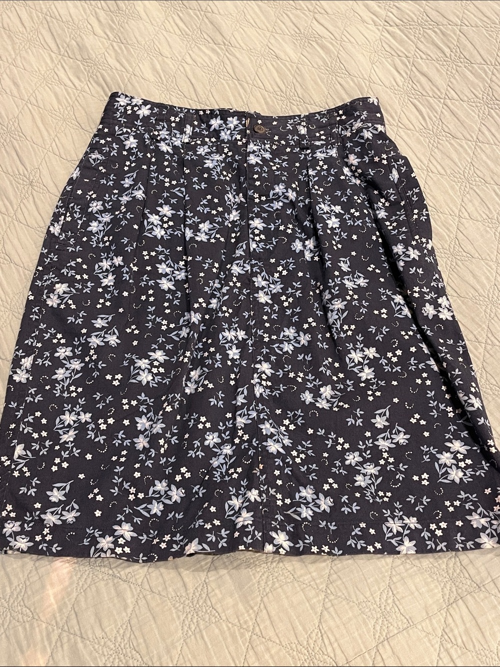 Vintage White Stag Cotton Denim Skirt with White & Light Blue flowers